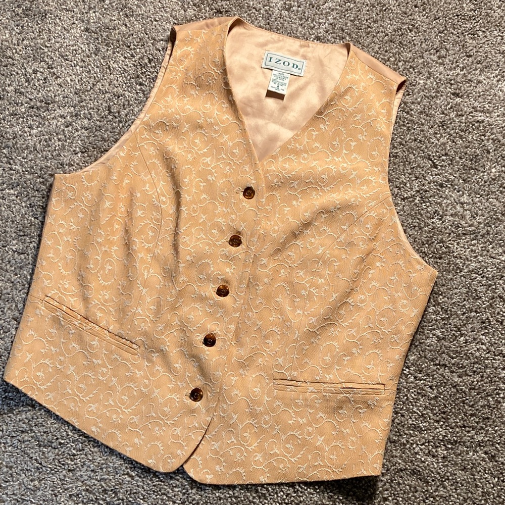 Vintage Izod Jacquard Embroidered Button Front Tie back Waistcoat Vest sz 6